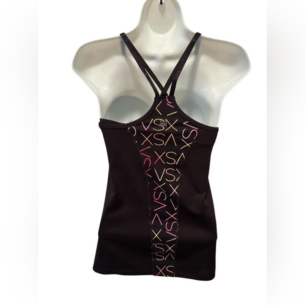 VSX Victoria’s Secret Black Strappy Tank Top SZ S Black Logo Printed Shelf Bra